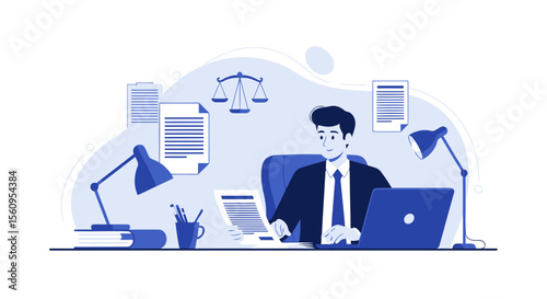 Lawyer In Office Working On Laptop Scales Of Justice And Legal Documents