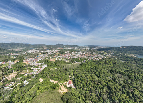 Beautiful Aerial panorama view landscape and cityscape view,High angle view Kathu city in Phuket island Thailand,Beautiful mountains with sunny sky and clouds over sea,Phuket thailand