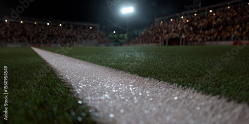 Wide-angle view of a brightly lit sports stadium du night with lush green grass and white chalk lines on field with enthusiastic crowd