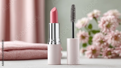 Close-up of pink lipstick in a white tube with applicator brush on a soft background with pink flowers and fabric, beauty makeup product
