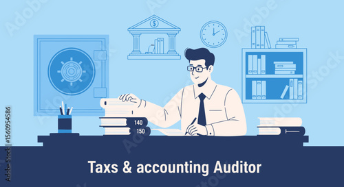 Accountant Verifying Financial Documents In Office With Bank Vault And Clock Illustration