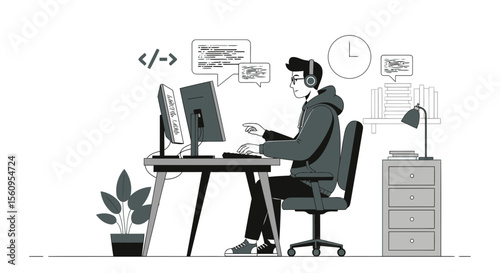 Dedicated Coder Immersed In Programming On Dual Screen Setup At Home