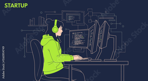 Female Programmer Working On Multiple Screens For Software Development Concept