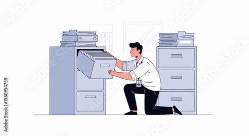 Young Employee Arranging Documents In Filling Cabinet At Office Workplace