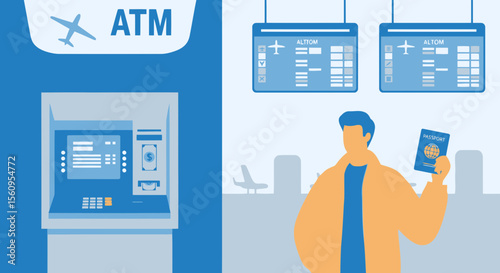 Traveler At Airport With Atm And Flight Information Display Illustration