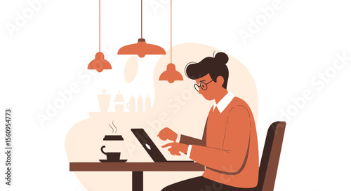 Freelancer Working Remotely At Cafe With Laptop And Coffee Illustration