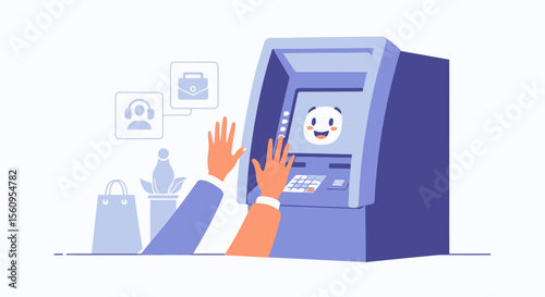 User Interacting With Atm Machine With Icons Representing Various Services Around
