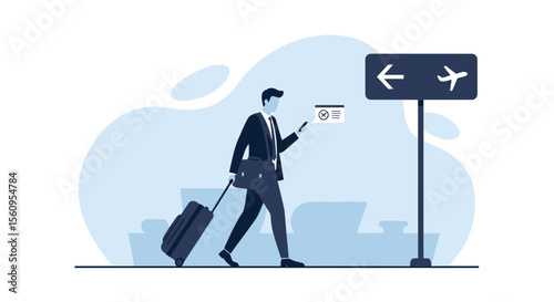 Traveling Professional Walking With Luggage In Modern Airport Terminal Vector Design
