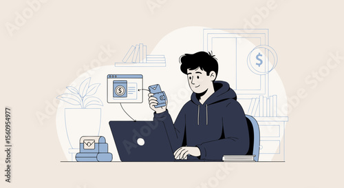 Online Banking Concept Illustrates Young Adult Managing Finances Digitally At Home