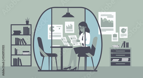 Woman Analyzing Business Reports Inside a Modern Office Privacy Booth Workplace
