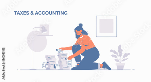 Woman Managing Finances And Sorting Through Stack Of Invoices At Home