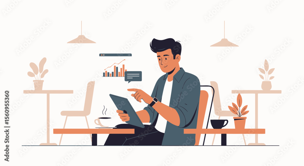 Fototapeta premium Young Entrepreneur Analyzing Data On Tablet In Minimalist Coffee Shop Setting