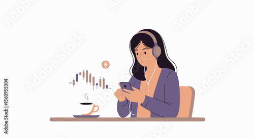 Woman Listening To Music While Analyzing Bitcoin On Mobile Device