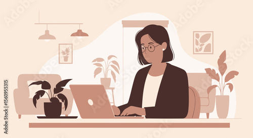 Woman Working From Home With Her Laptop In Comfortable Minimalist Living Room