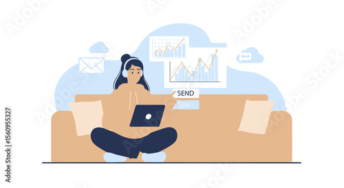 Woman Working Remotely On Laptop Analyzing Data From Home Office