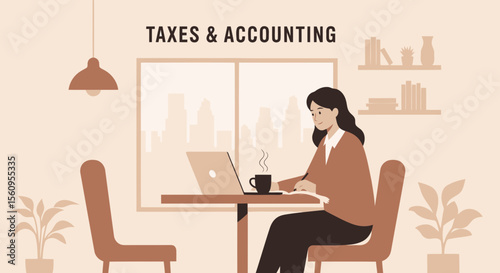 Young Accountant Working On Taxes On Laptop In The Office Illustration