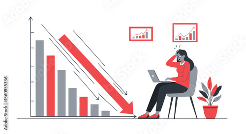 Woman Worried About Business Finances Falling Chart Due To Investment Risk