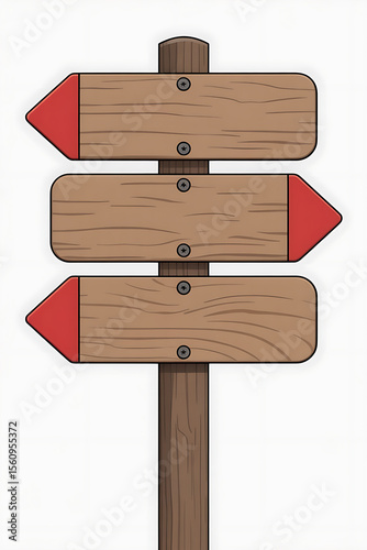 Wooden signpost with three directions, red arrows.
