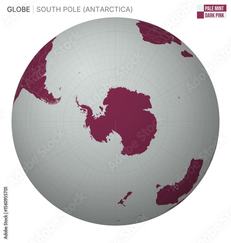 Vector Globe centered to South Pole (Antarctica). Pale Mint Dark Pink palette. World map with meridians, parallels, countries, rivers and lakes. Stylish vector illustration.