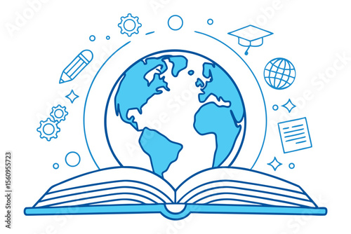 Blue globe above open book with education icons world