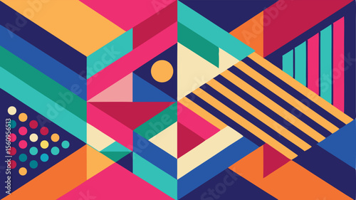 Geometric abstract composition of colorful shapes and angles on transparent background