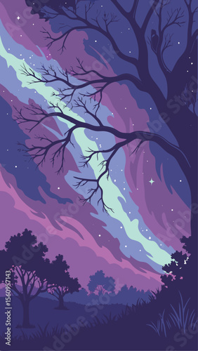 Abstract night landscape featuring trees and aurora borealis in deep purple tones