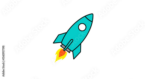 Illustration of a teal rocket ship launching with flames for space exploration and technology design vector
