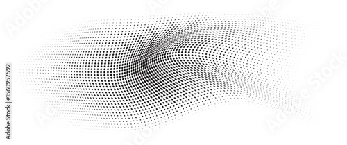 Flowing Wave Dot Halftone Pattern: Curve Gradient Shape on Transparent Background. Suitable for AI, Tech, Network, Digital, Science, and Technology Themes.