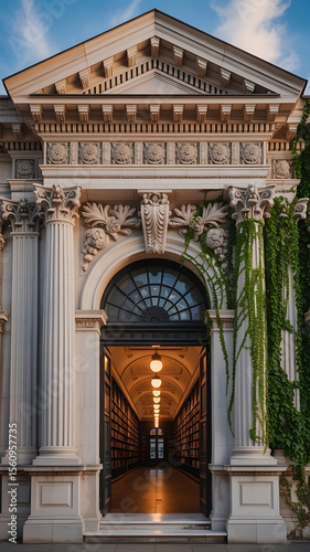 Ornate arched doorway, leading to a sunlit corridor.
