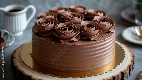 Chocolate cake decorated with chocolate rose swirls.
