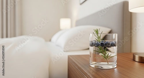 Close-up shot of a water glass with berries and herbs on a wooden nightstand next to a bed with a soft white comforter in a hotel room setting