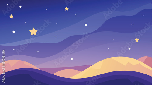 Abstract night sky landscape with stars and rolling hills against blue background