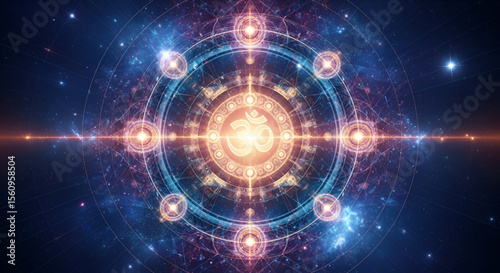 Golden Glowing Om Symbol in a Mystical Mandala Universe, Sacred Hindu Art Representing Divine Energy, Meditation, Cosmic Balance and Spiritual Awakening