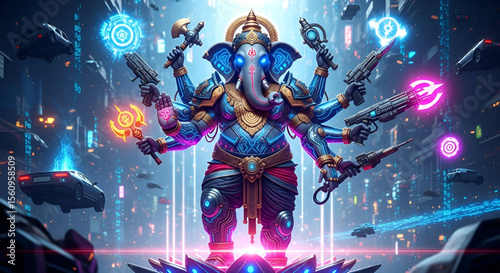 Futuristic Ganesh Chaturthi Cyber Ganesha with Weapons in Neon City, Divine Ganapati Bappa Vinayaka Art, Ganesh Idol in Sci Fi Battle Mode