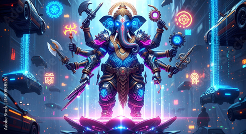 Futuristic Ganesh Chaturthi Cyber Ganesha with Weapons in Neon City, Divine Ganapati Bappa Vinayaka Art, Ganesh Idol in Sci Fi Battle Mode