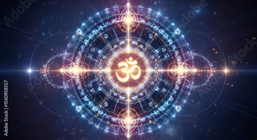 Golden Glowing Om Symbol in a Mystical Mandala Universe, Sacred Hindu Art Representing Divine Energy, Meditation, Cosmic Balance and Spiritual Awakening