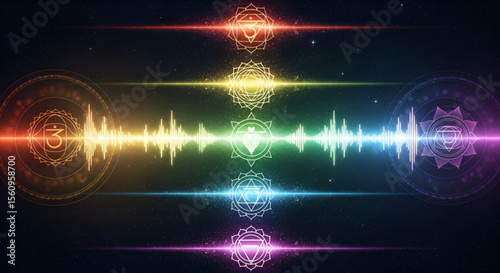 Seven Glowing Chakra Symbols Aligned in Colorful Cosmic Space, Spiritual Energy Centers of the Body for Healing, Meditation, Balance, and Enlightenment