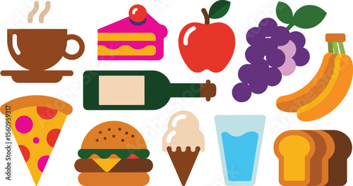 Vibrant Flat Lay Food Illustration Featuring Pizza Burger Ice Cream Grapes Apple Bananas Coffee Cake Toast and Wine