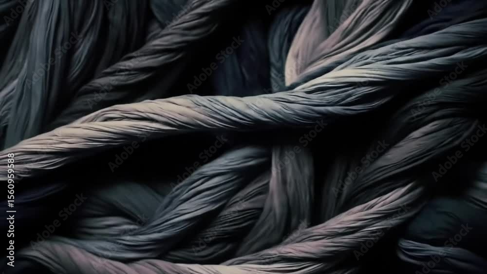 Close up of dark gray twisted ropes creating an abstract pattern with shadows and light interplay