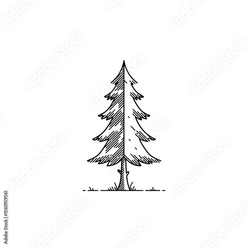 Single evergreen conifer tree isolated minimalist drawing