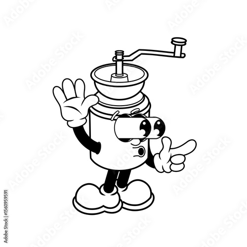 Retro character design of coffee grinder shocked outline