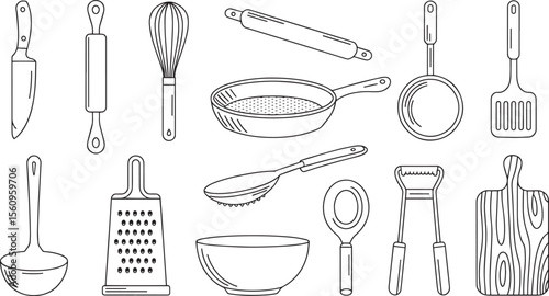Black and White Line Art Kitchen Utensil Illustrations Set Cooking Tools Frying Pan Whisk Rolling Pin