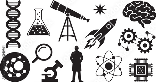 Black and White Science Icons Collection D N A Atom Rocket Microscope Gears Brain Flask Telescope Magnifying