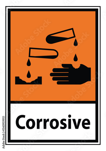 Warning Sign for Corrosive Substances with Test Tubes and Hand Icon