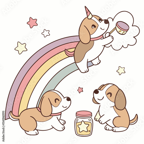 Funny expression on a Puppies in a Rainbow theme, with with a balloon – Pastel Rainbow vector art
