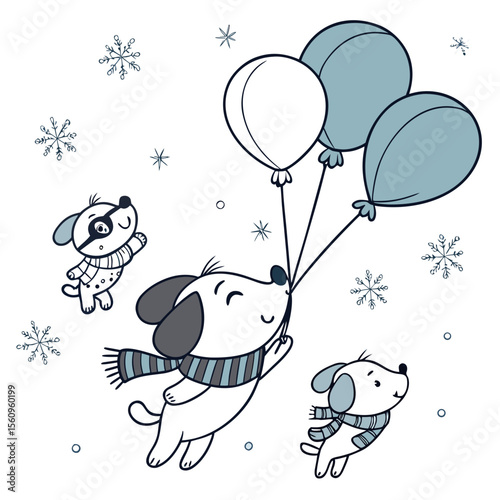 Dreamy expression on a Puppies in a Cozy winter theme, with floating with balloons – Frosty Winter vector art