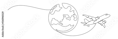 airplane flying around the earth with continuous line drawing of globe.concept of travel tourism and travel vector