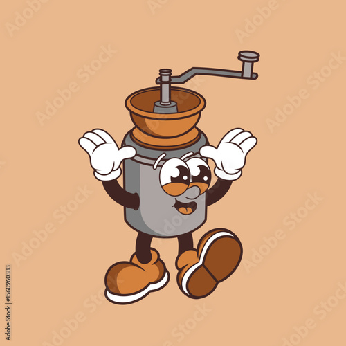 Retro character design of cheerful coffee grinder