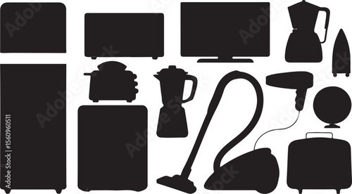 Black Silhouettes of Household Appliances and Electronics Collection Refrigerator Toaster Blender Vacuum