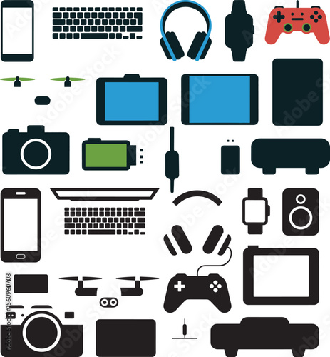 Collection of Black and Teal Electronic Gadgets Icons Smartphones Tablets Keyboards Headphones Cameras Drones